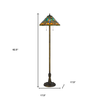 Brass 2-Light Floor Lamp w/ Dragonfly Tiffany Glass Shade