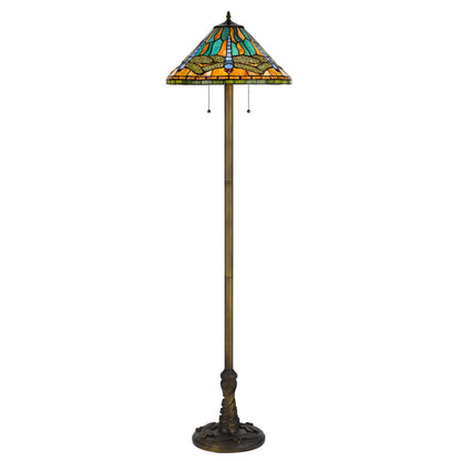 Brass 2-Light Floor Lamp w/ Dragonfly Tiffany Glass Shade