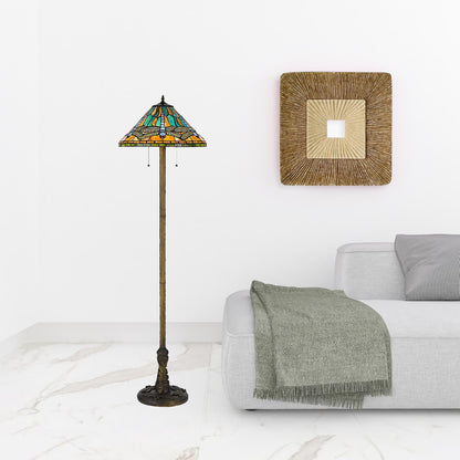 Brass 2-Light Floor Lamp w/ Dragonfly Tiffany Glass Shade