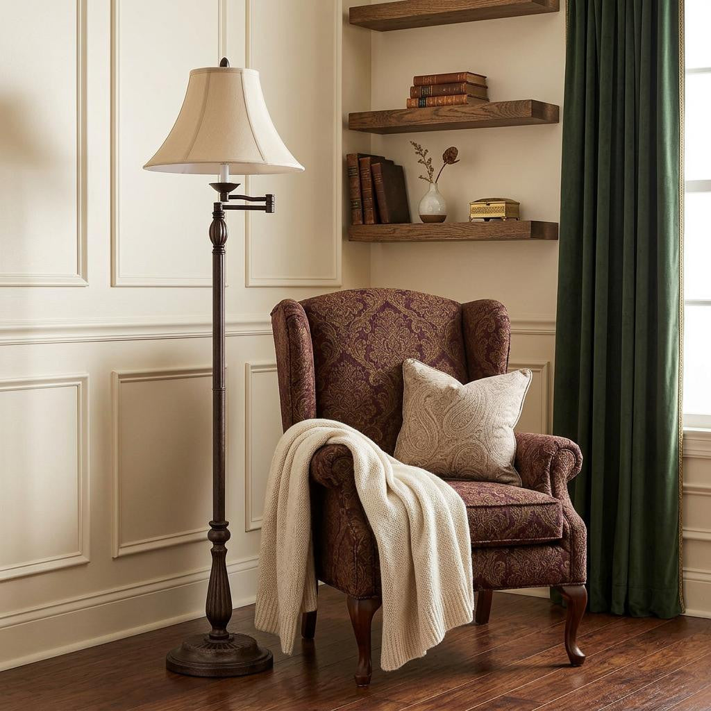 Rusted Swing Arm Floor Lamp w/ Champagne Shade