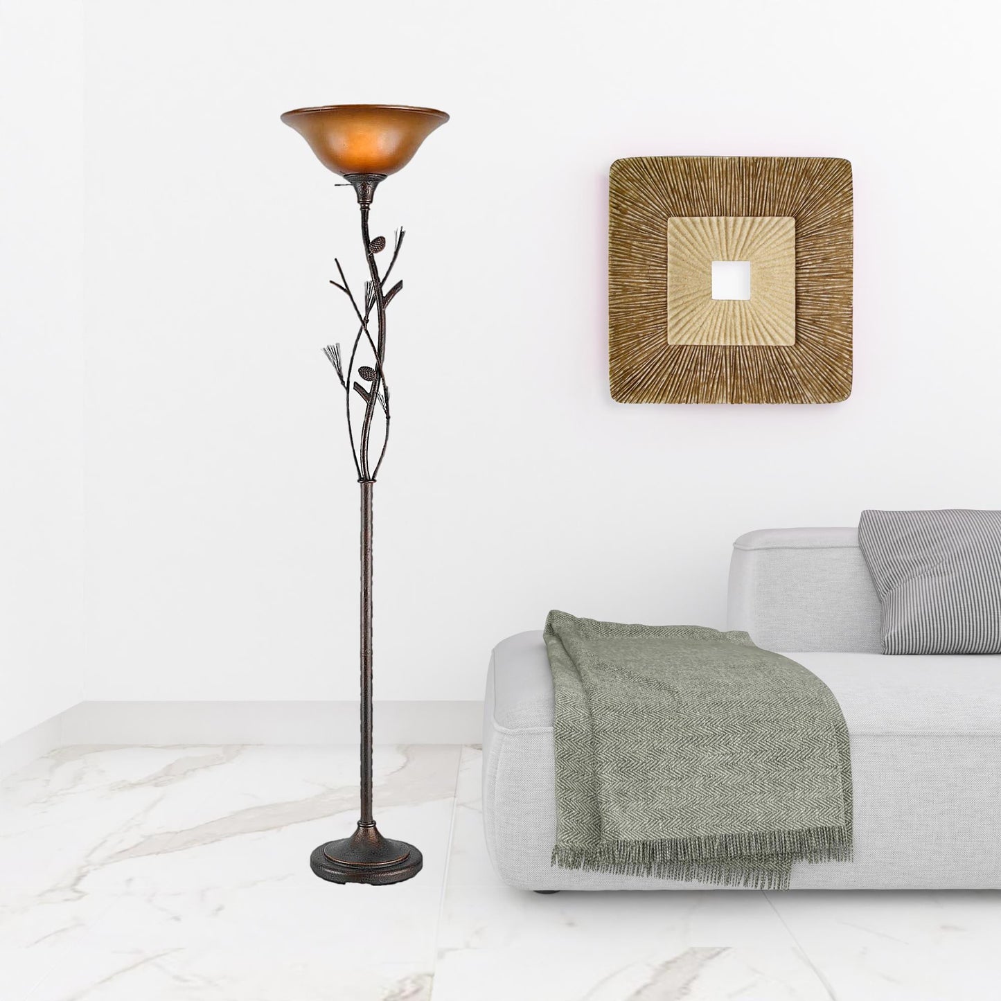 Rusted Torchiere Floor Lamp w/ Glass Shade