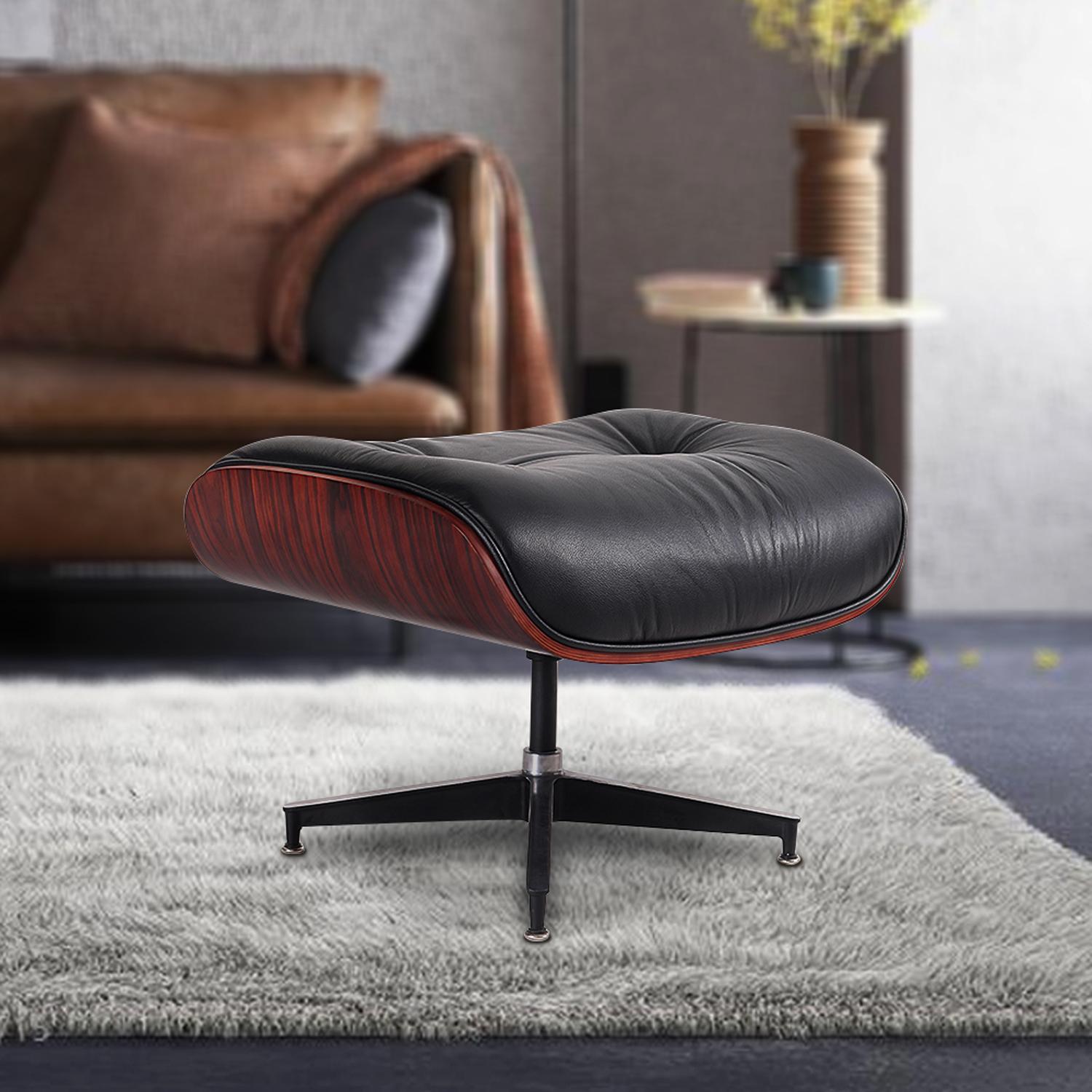 Black & Dark Brown Genuine Leather Tufted Swivel Lounge Chair With Ottoman