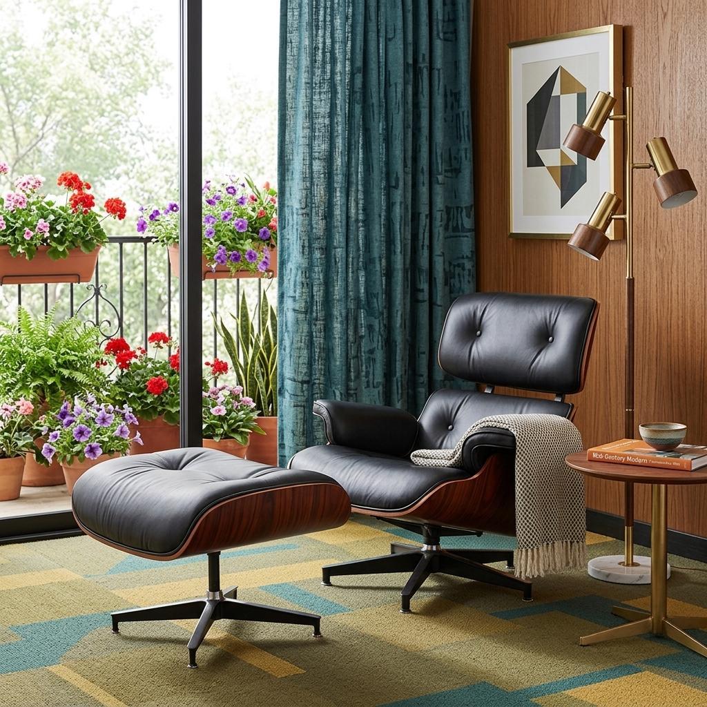 Black & Dark Brown Genuine Leather Tufted Swivel Lounge Chair With Ottoman