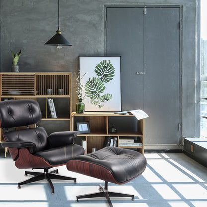Black & Dark Brown Leather Swivel Lounge Chair w/ Ottoman
