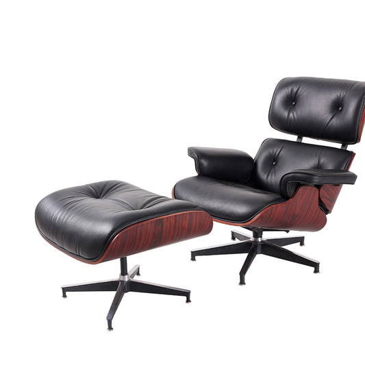 Black & Dark Brown Genuine Leather Tufted Swivel Lounge Chair With Ottoman