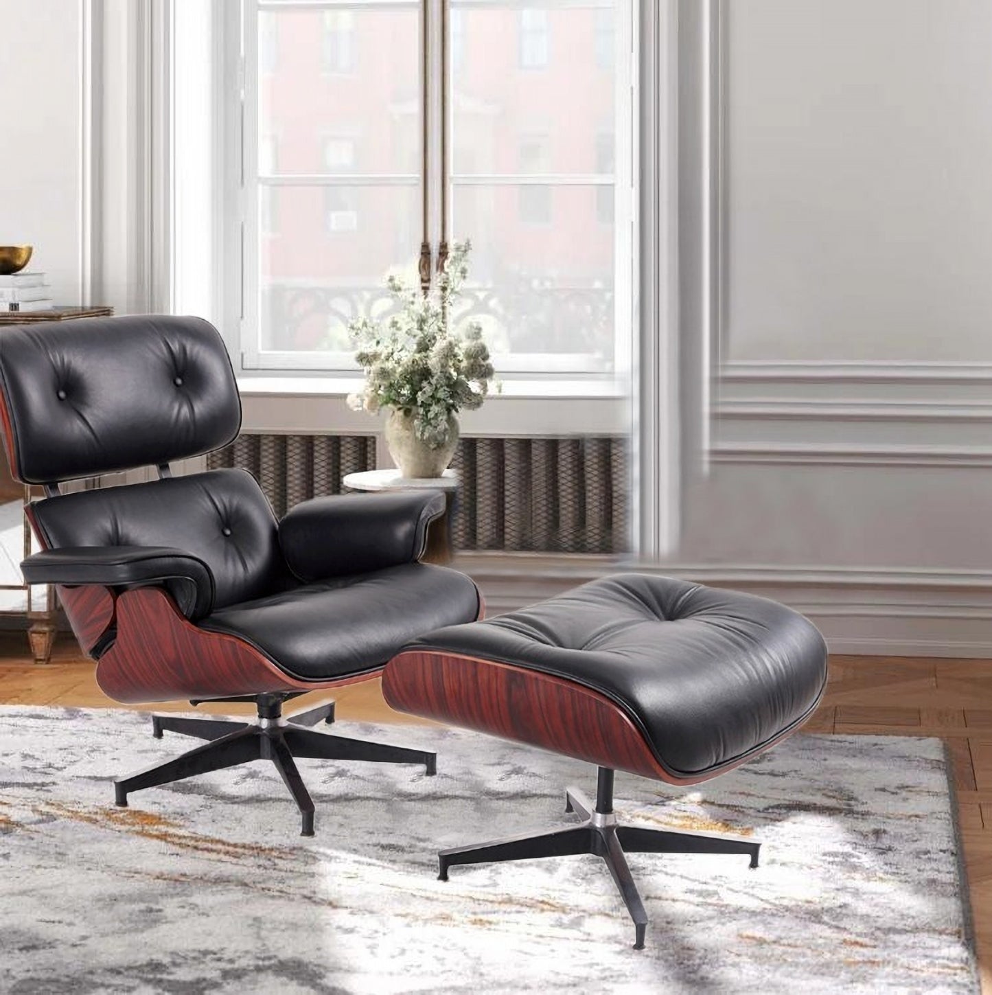 Black & Dark Brown Leather Swivel Lounge Chair w/ Ottoman