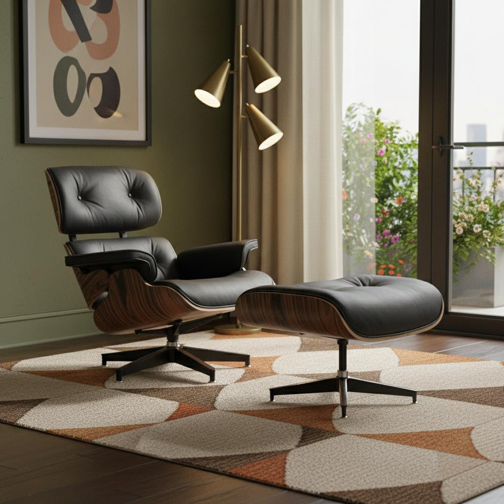 Black & Brown Genuine Leather Tufted Swivel Lounge Chair With Ottoman