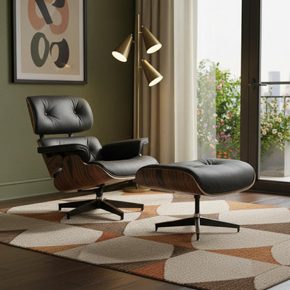 Black & Brown Genuine Leather Tufted Swivel Lounge Chair With Ottoman