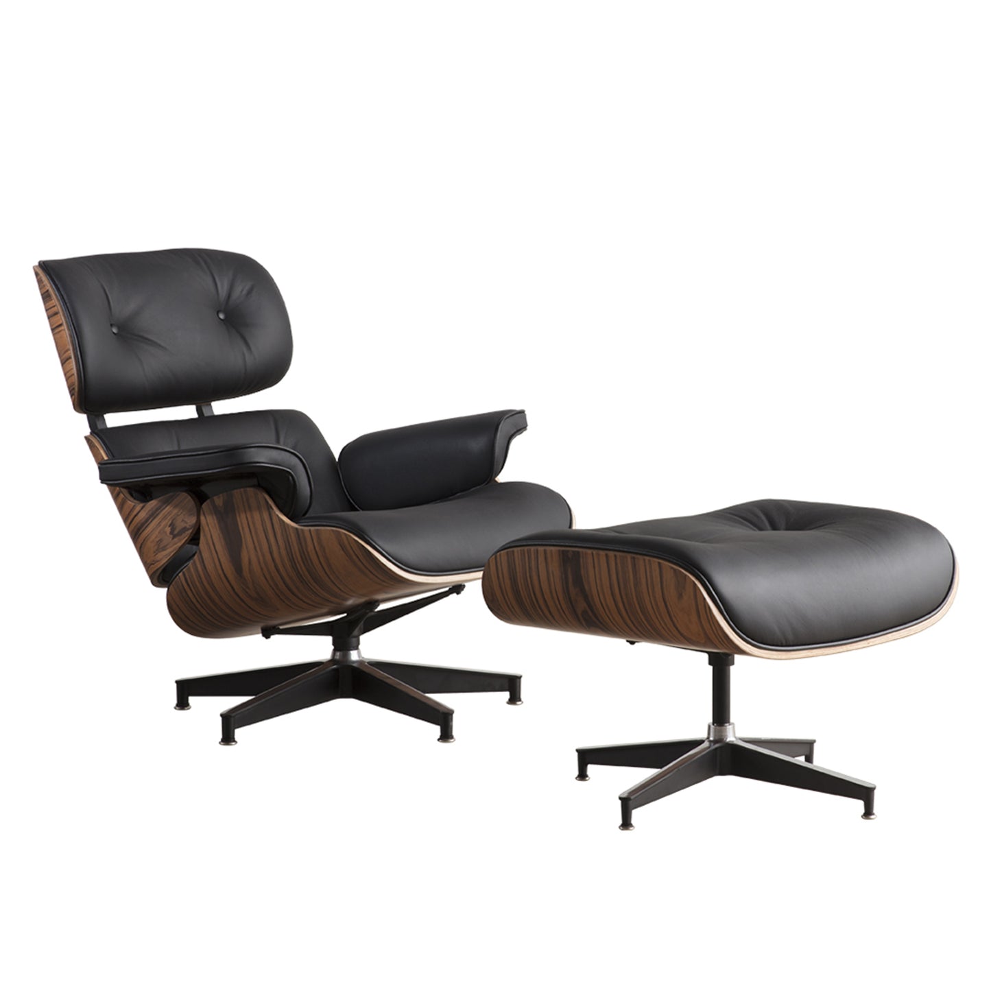 Black & Brown Genuine Leather Tufted Swivel Lounge Chair With Ottoman