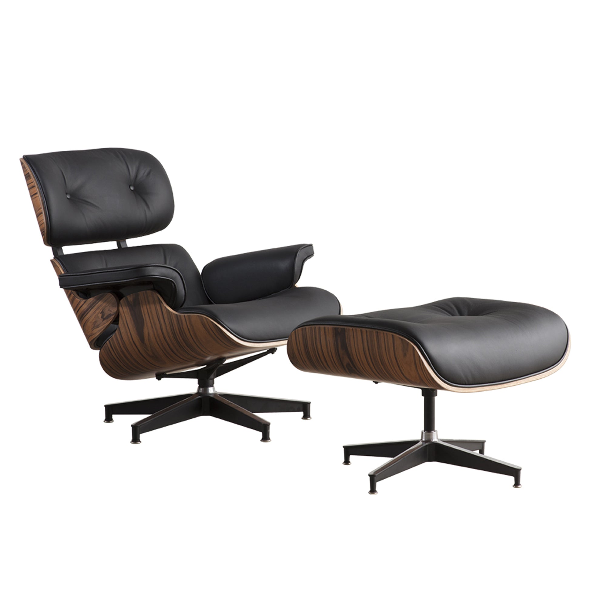Black & Brown Genuine Leather Tufted Swivel Lounge Chair With Ottoman