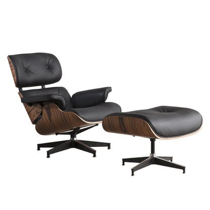 Black & Brown Genuine Leather Tufted Swivel Lounge Chair With Ottoman