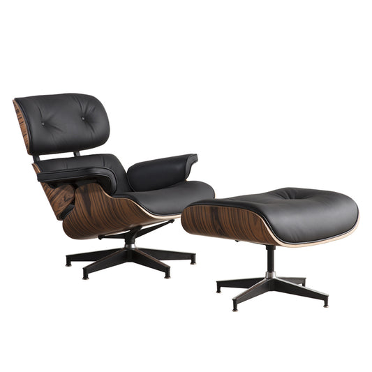 Black & Brown Genuine Leather Tufted Swivel Lounge Chair With Ottoman