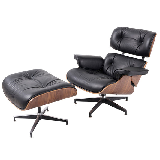 Black & Brown Genuine Leather Tufted Swivel Lounge Chair With Ottoman