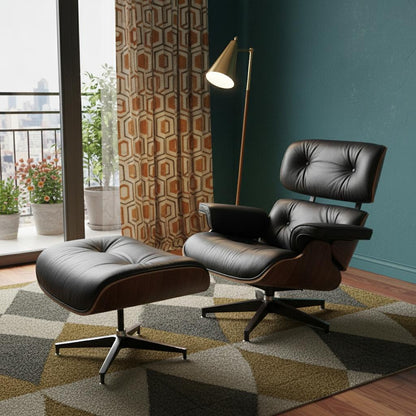 Black & Brown Genuine Leather Tufted Swivel Lounge Chair With Ottoman