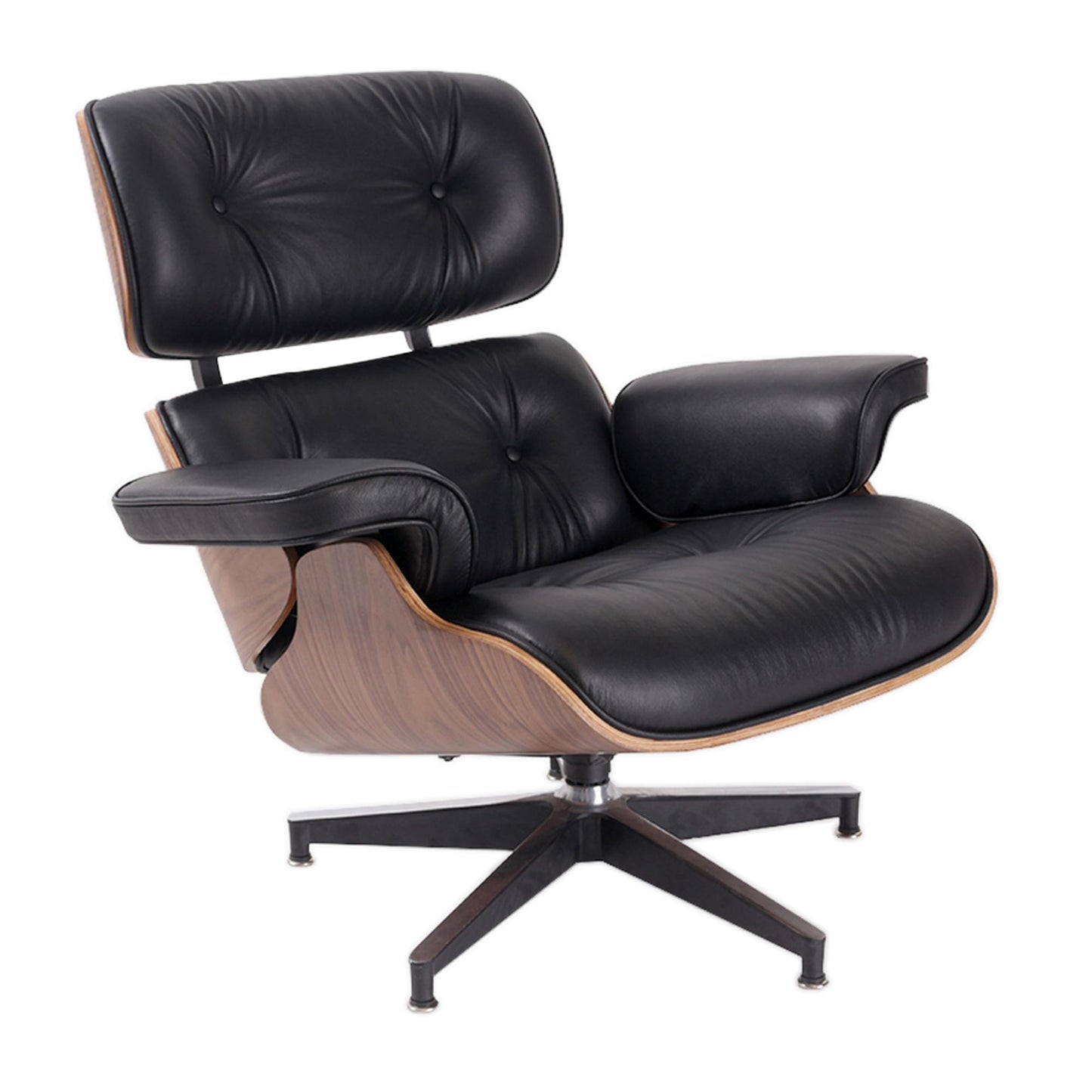 Black & Brown Genuine Leather Tufted Swivel Lounge Chair With Ottoman