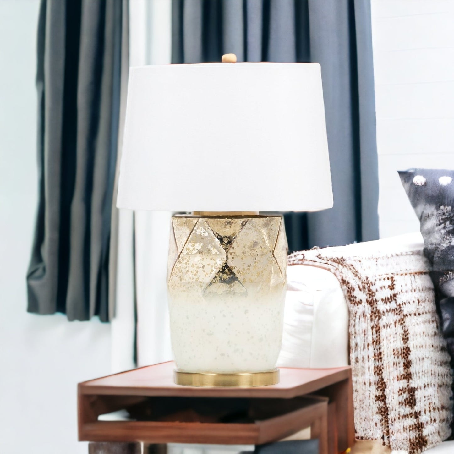 White & Gold Mercury Glass Table Lamp w/ Shade