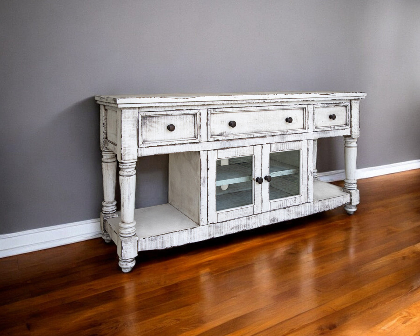 White Solid Wood Distressed Media Console