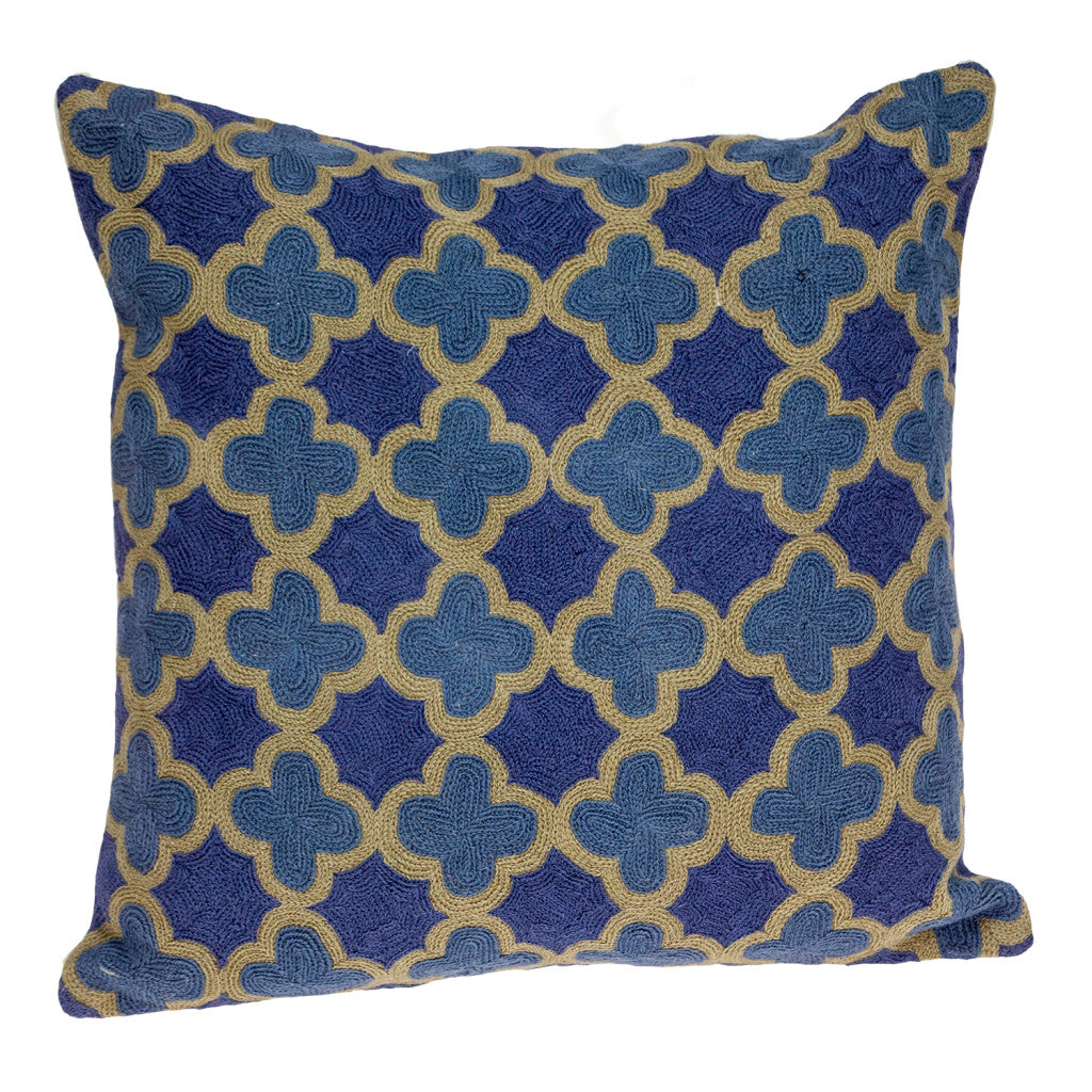 Blue & Brown Quatrefoil Wool Pillow w/ Embroidery
