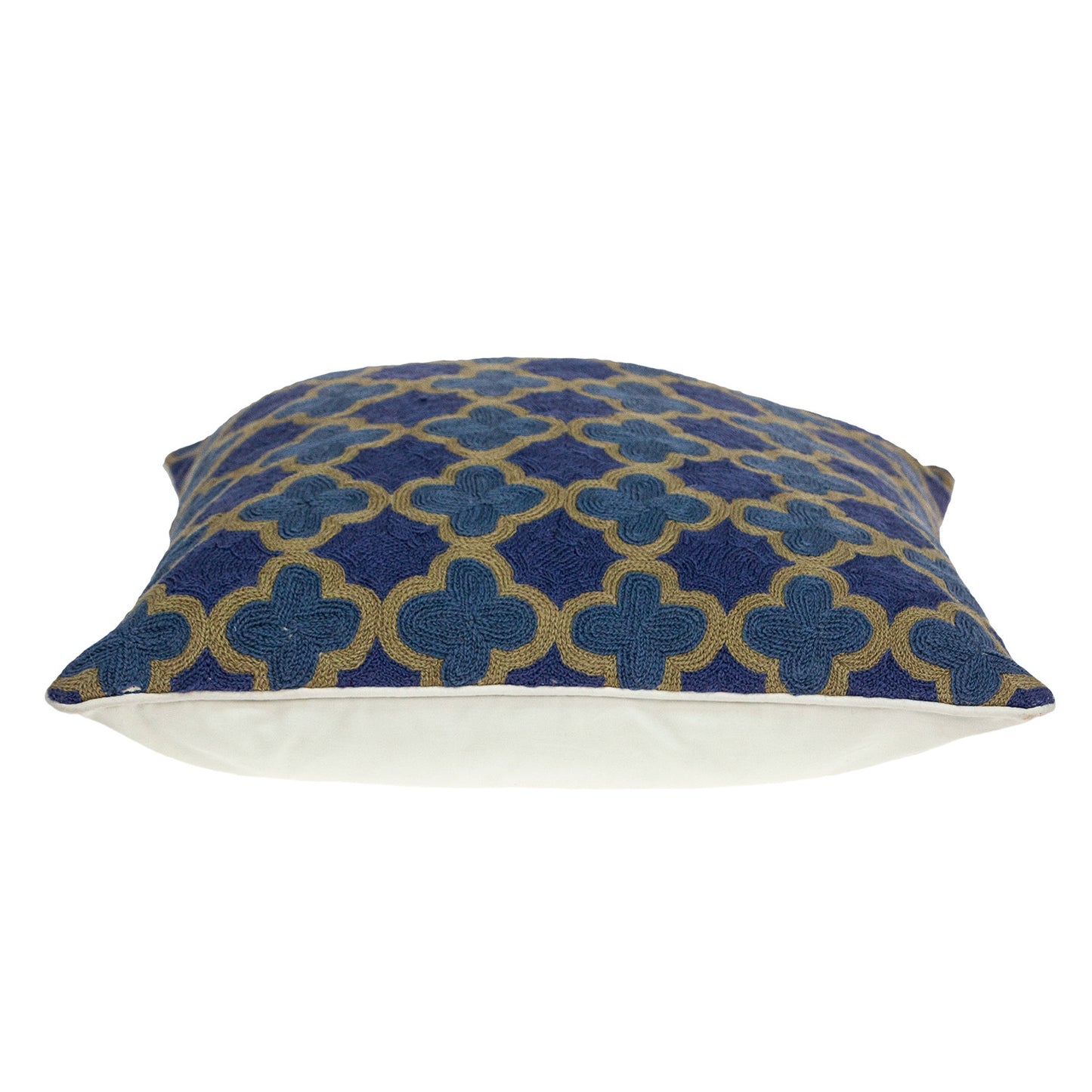Blue & Brown Quatrefoil Wool Pillow w/ Embroidery