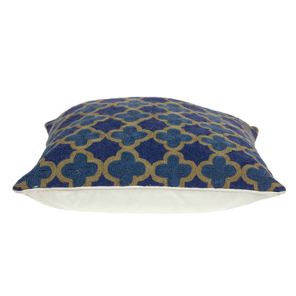 Blue & Brown Quatrefoil Wool Pillow w/ Embroidery