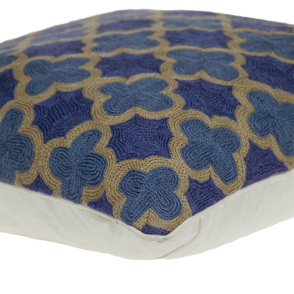 Blue & Brown Quatrefoil Wool Pillow w/ Embroidery