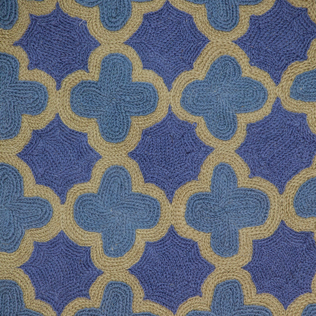 Blue & Brown Quatrefoil Wool Pillow w/ Embroidery