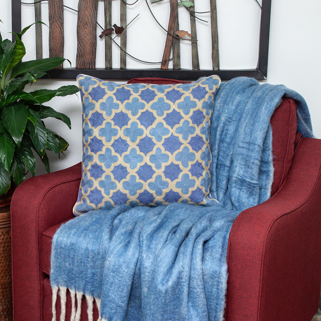 Blue & Brown Quatrefoil Wool Pillow w/ Embroidery