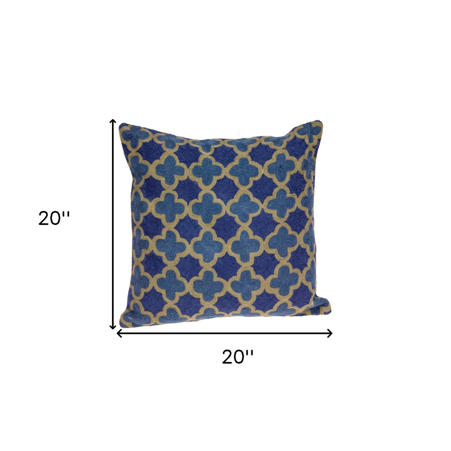 Blue & Brown Quatrefoil Wool Pillow w/ Embroidery