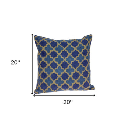 Blue & Brown Quatrefoil Wool Pillow w/ Embroidery