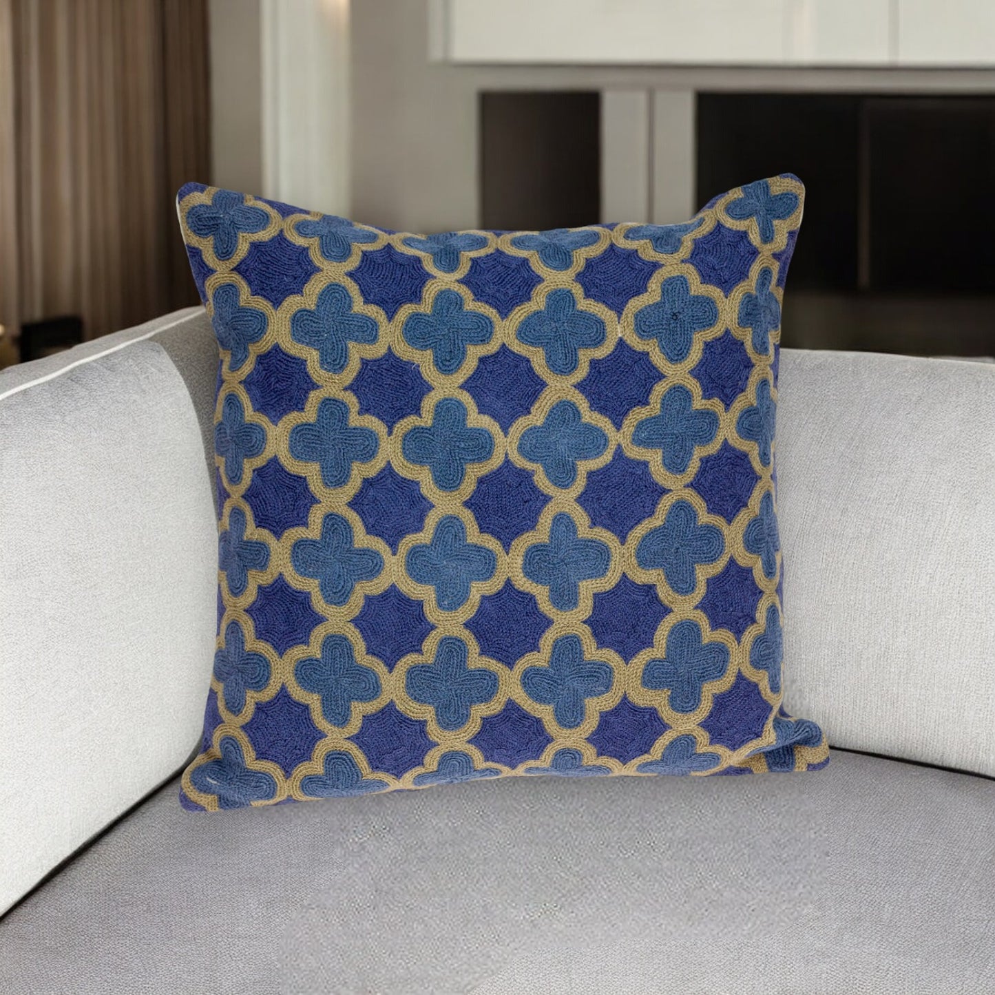 Blue & Brown Quatrefoil Wool Pillow w/ Embroidery