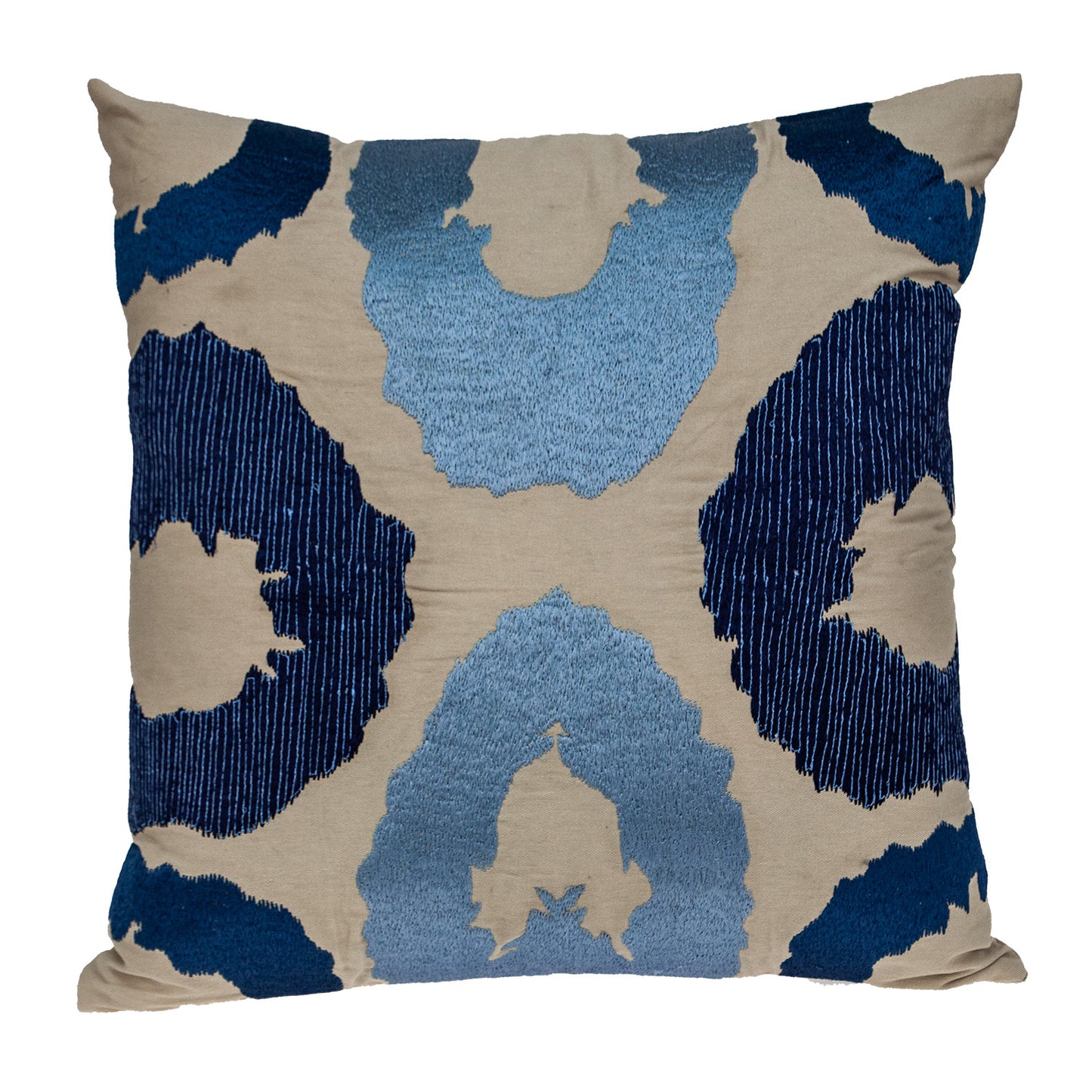 Beige & Blue Abstract Cotton Pillow w/ Embroidery