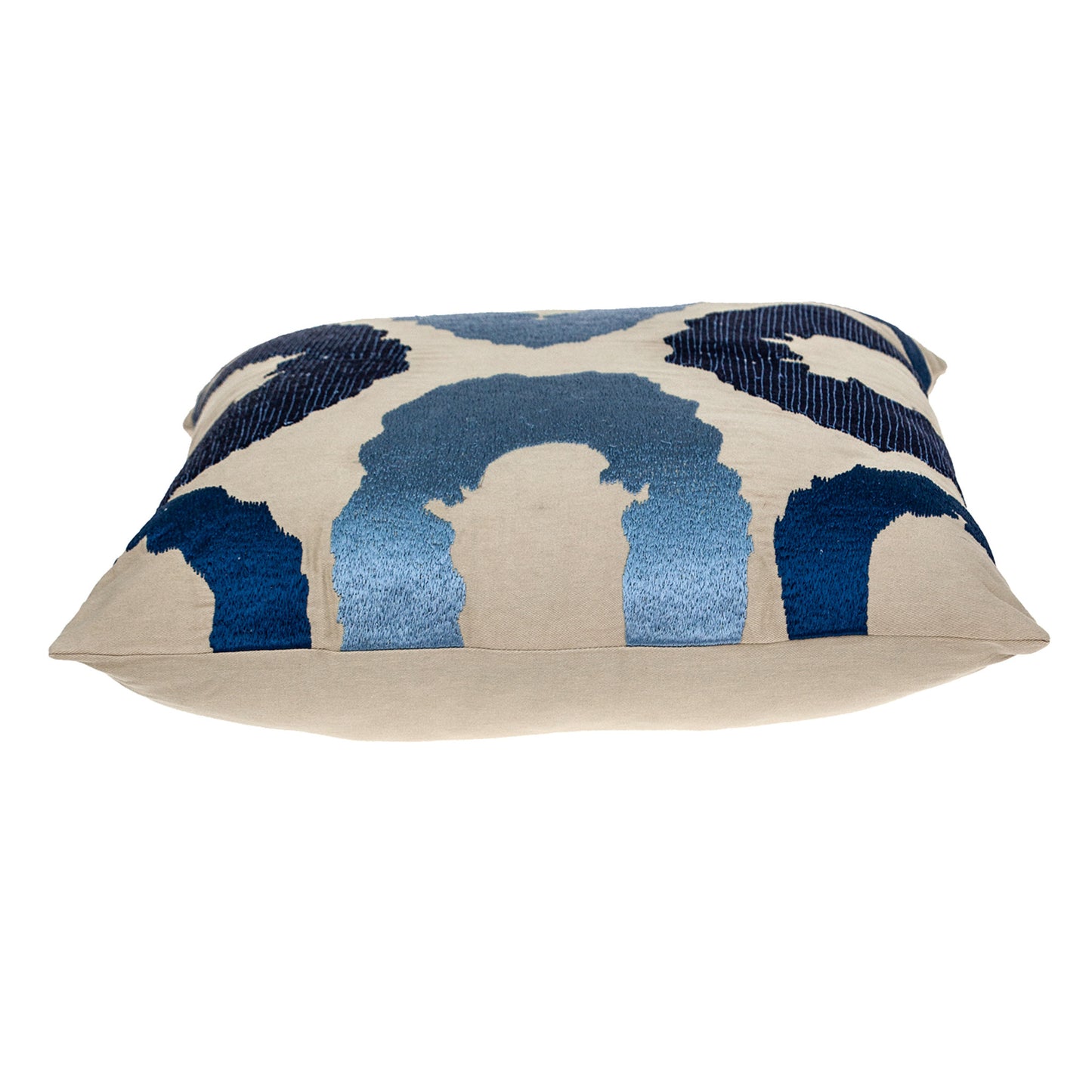 Beige & Blue Abstract Cotton Pillow w/ Embroidery