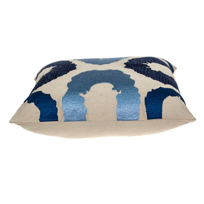 Beige & Blue Abstract Cotton Pillow w/ Embroidery