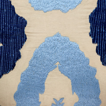 Beige & Blue Abstract Cotton Pillow w/ Embroidery
