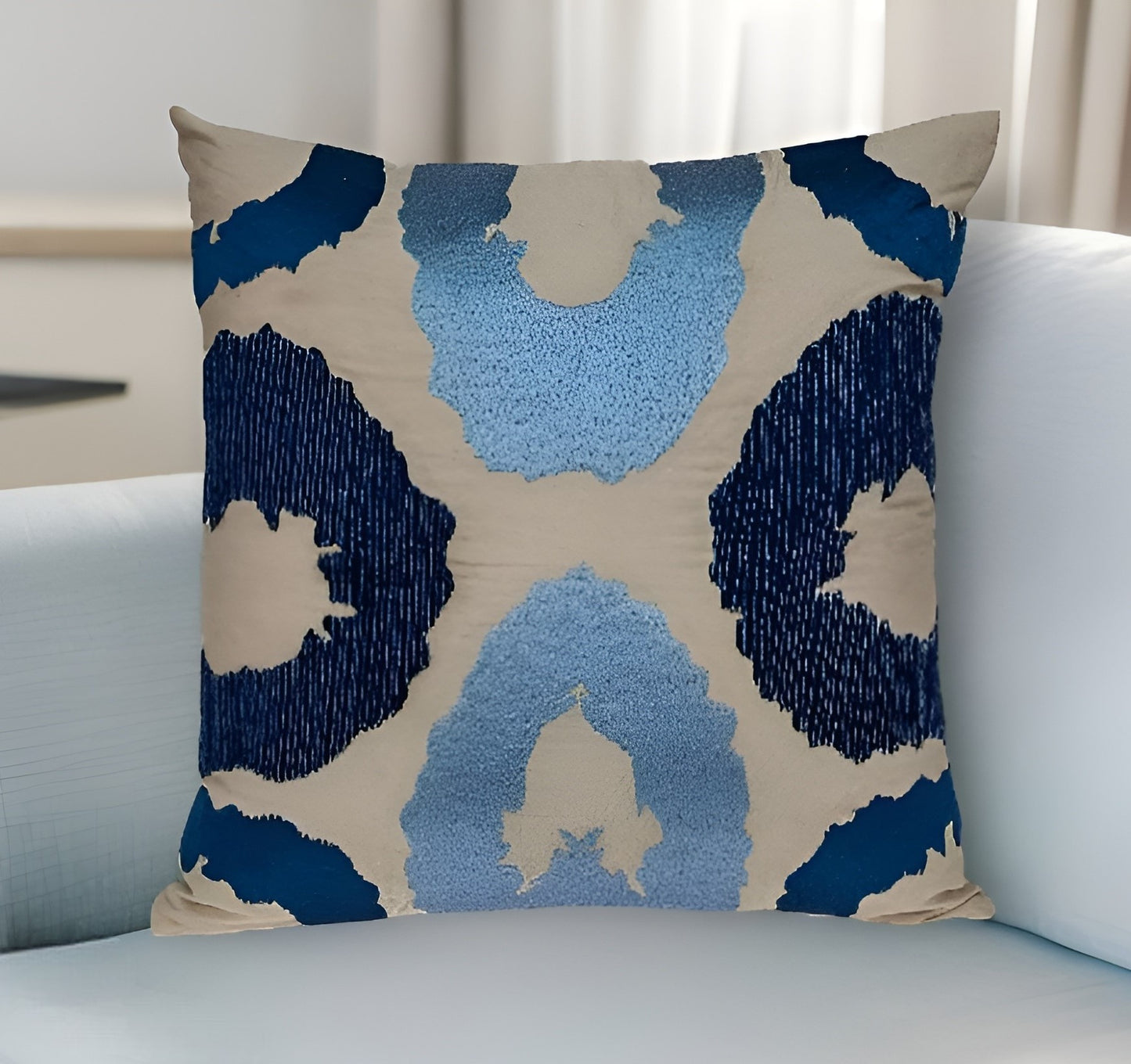 Beige & Blue Abstract Cotton Pillow w/ Embroidery