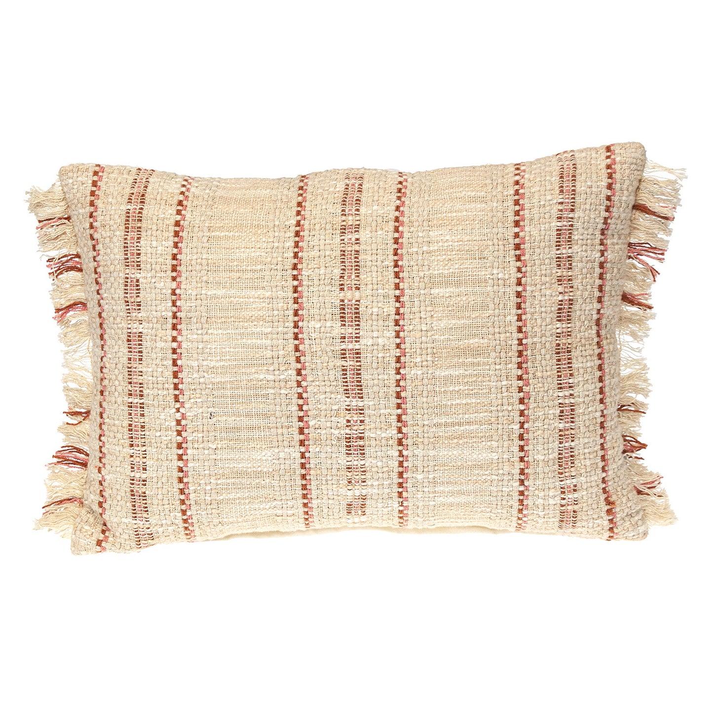 Beige & Pink Striped Cotton Pillow w/ Fringe