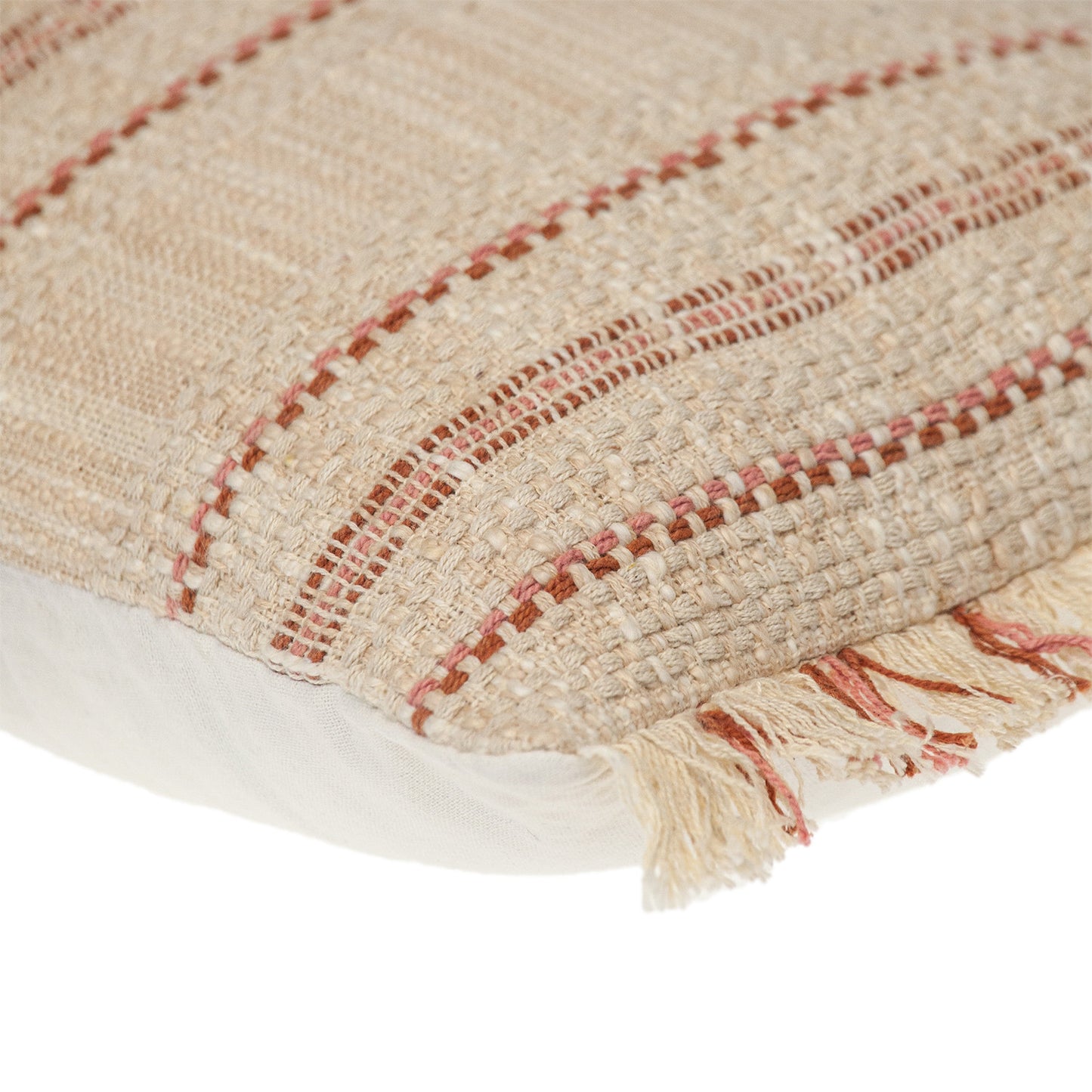 Beige & Pink Striped Cotton Pillow w/ Fringe