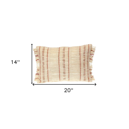 Beige & Pink Striped Cotton Pillow w/ Fringe