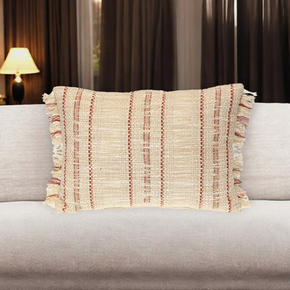 Beige & Pink Striped Cotton Pillow w/ Fringe