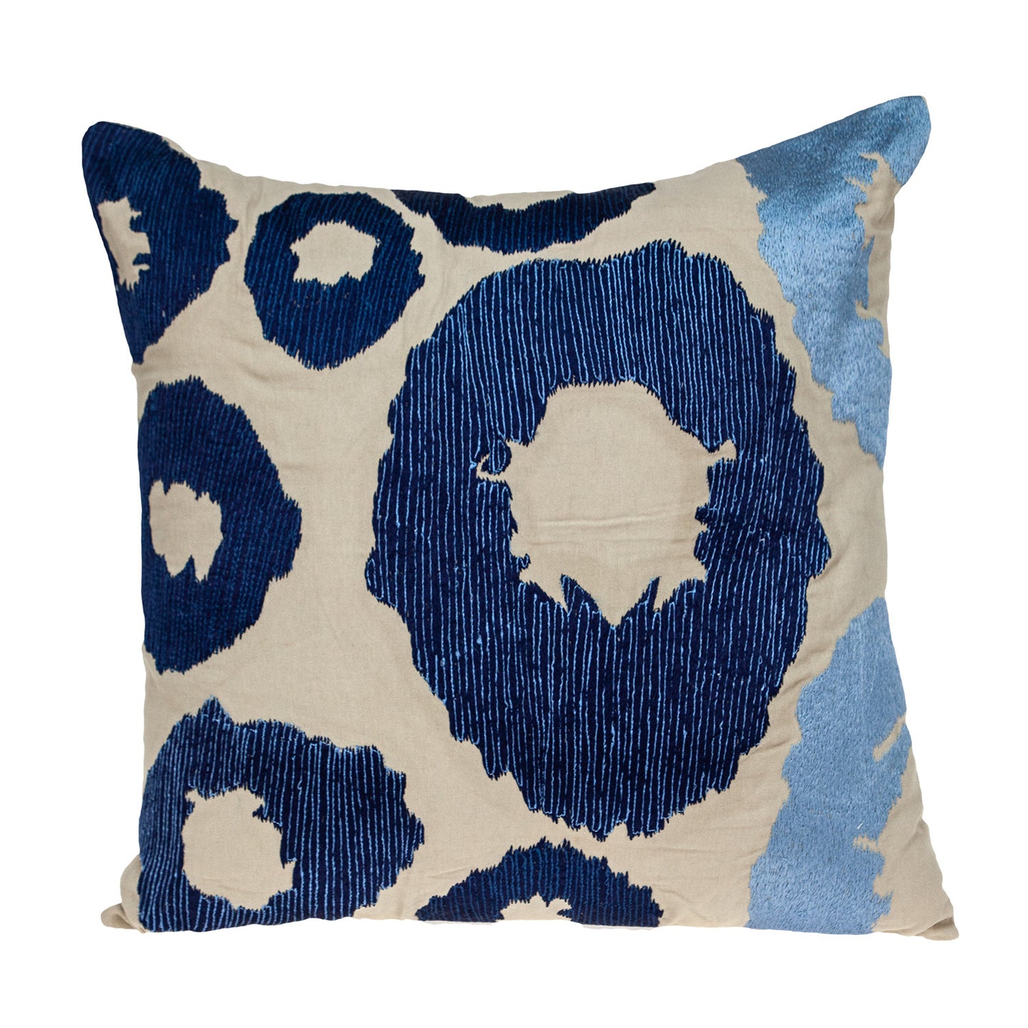 Blue & Beige Abstract Cotton Pillow w/ Embroidery