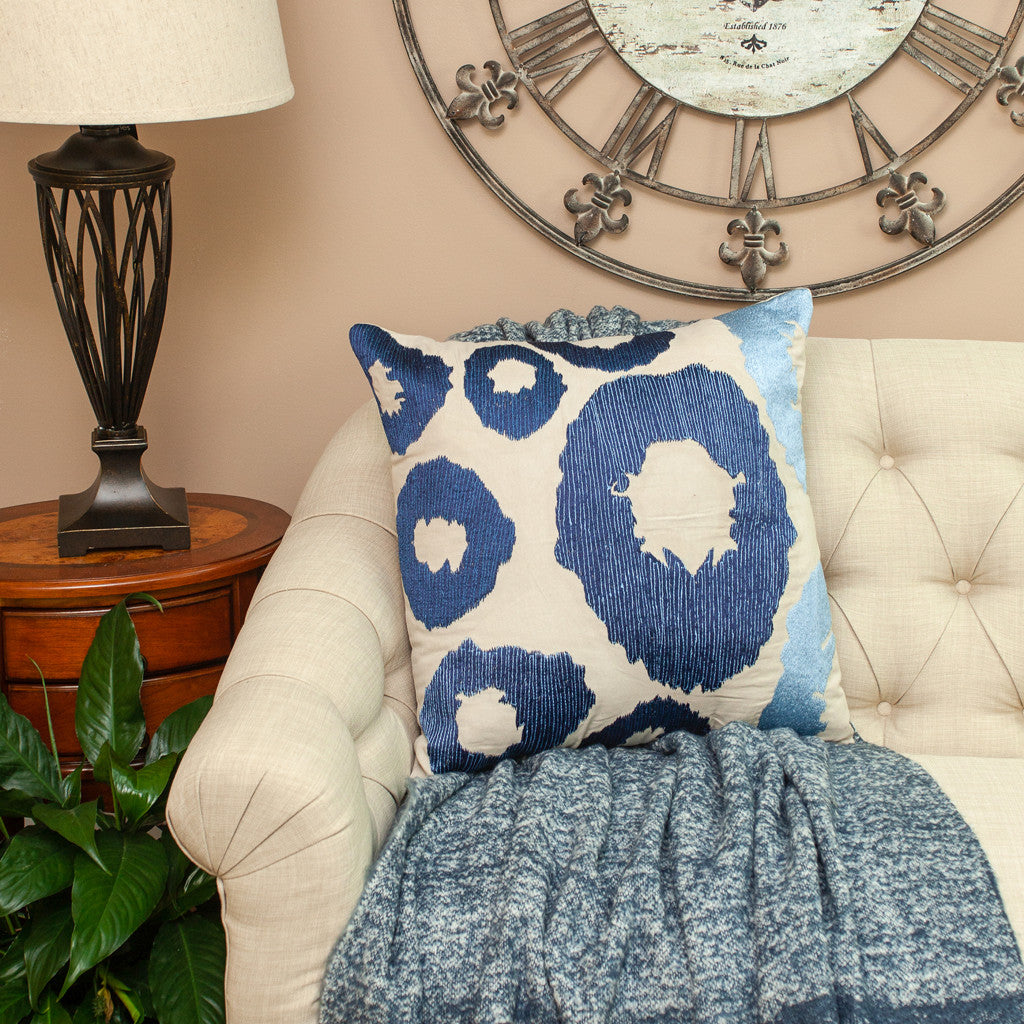 Blue & Beige Abstract Cotton Pillow w/ Embroidery