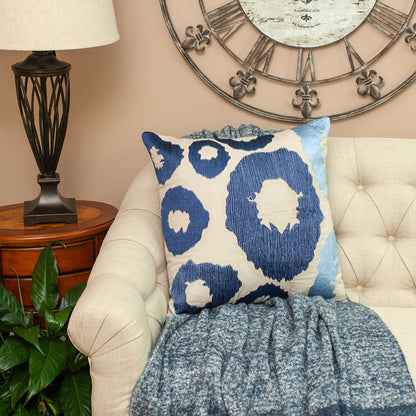 Blue & Beige Abstract Cotton Pillow w/ Embroidery