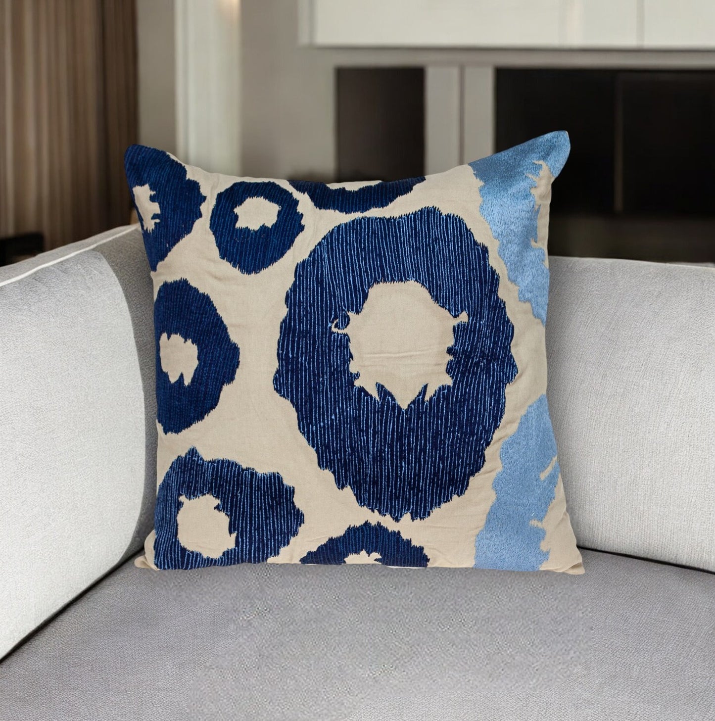 Blue & Beige Abstract Cotton Pillow w/ Embroidery