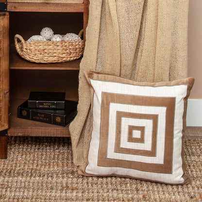 Beige & Brown Geometric Cotton Blend Pillow w/ Embroidery
