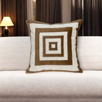 Beige & Brown Geometric Cotton Blend Pillow w/ Embroidery