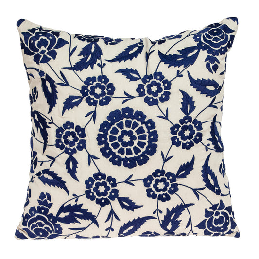 Beige & Blue Floral Cotton Pillow w/ Embroidery