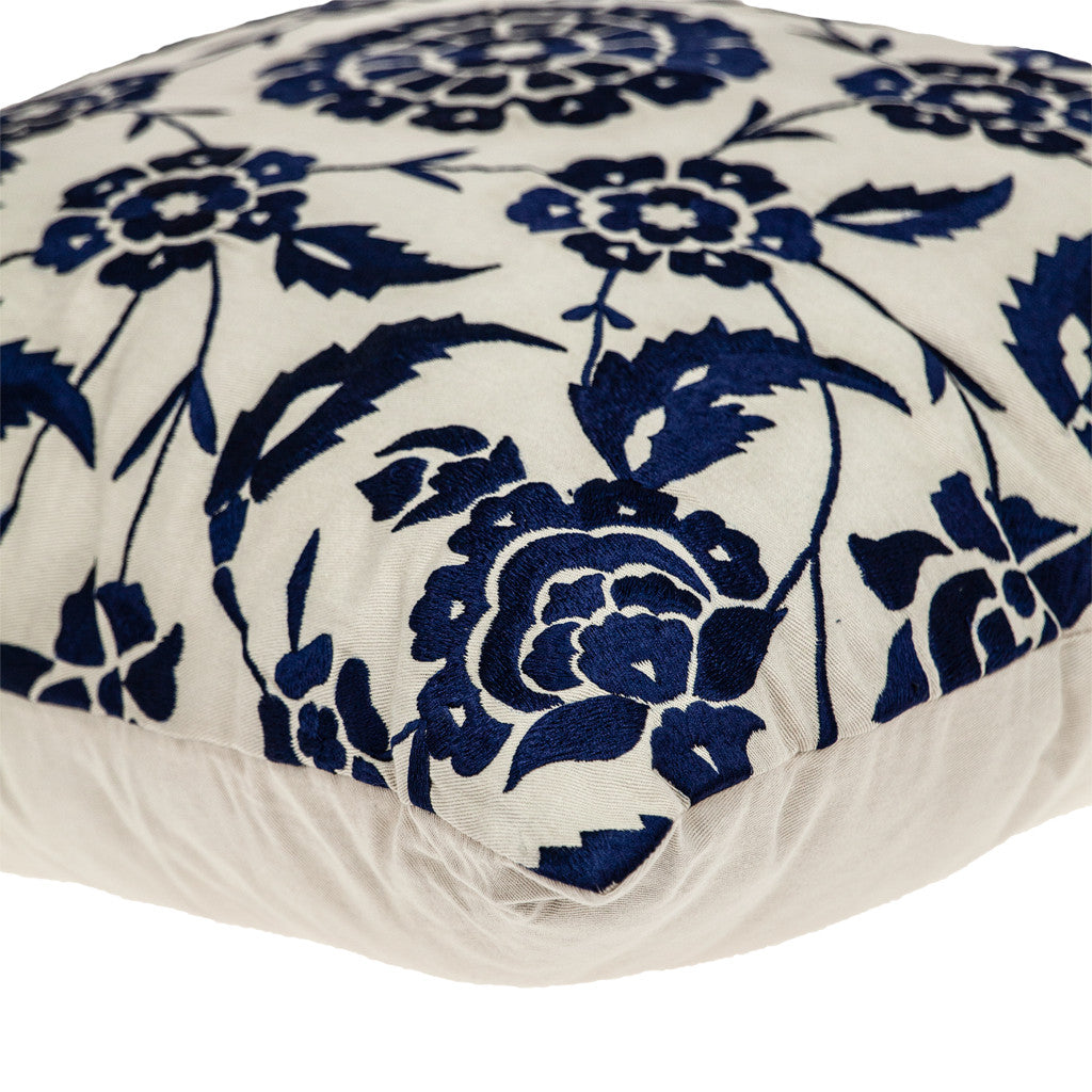 Beige & Blue Floral Cotton Pillow w/ Embroidery