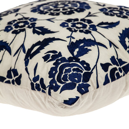 Beige & Blue Floral Cotton Pillow w/ Embroidery