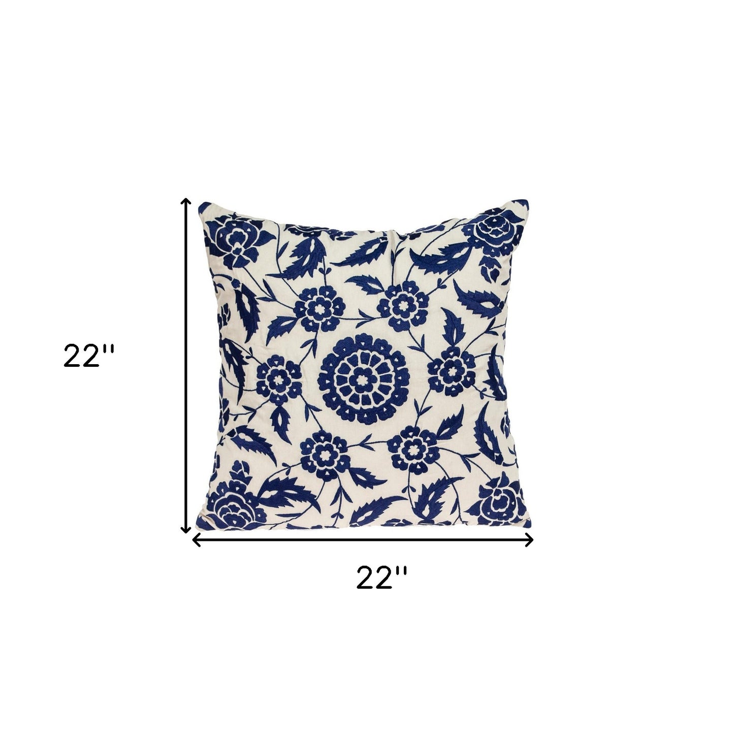 Beige & Blue Floral Cotton Pillow w/ Embroidery
