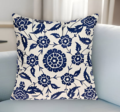 Beige & Blue Floral Cotton Pillow w/ Embroidery